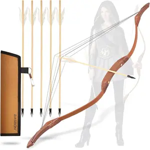 Wooden Bow and Arrow Set, 40 Inch Microfiber Leather-Wrapped Archery Set Handmade Toy, Cosplay Costume Prop Game with 5 Rubber Tip Feather Arrows, Gifts for Kids Boys Girls