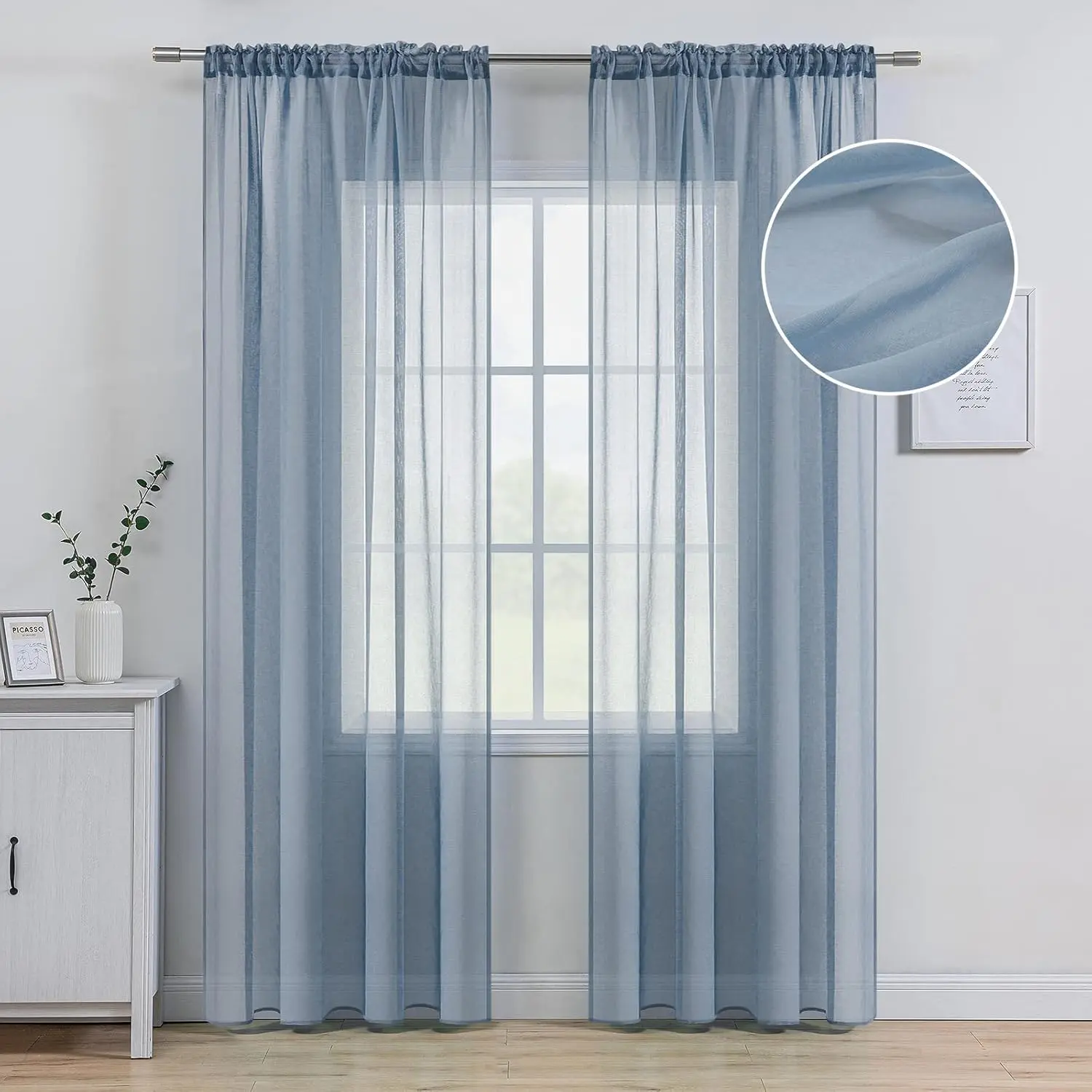 Dusty Blue Linen Textured Sheer Curtains 84 Inches Long 2 Panels for Bedroom Living Room, Semi Transparent Farmhouse Light Blue Window Net Panels with Rod Pocket, W 54 x L 84 inch Length