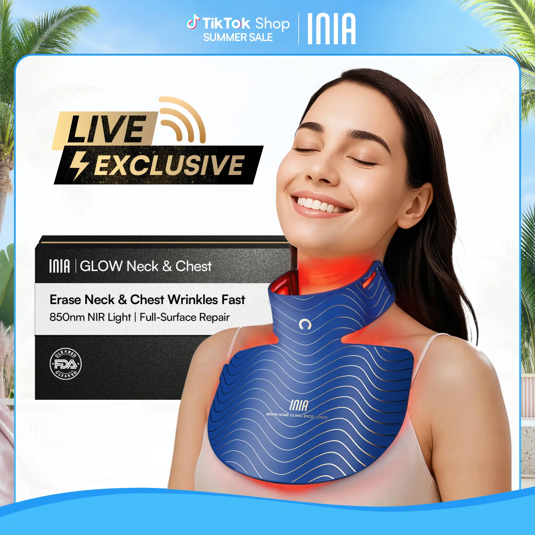 【LIVE EXCLUSIVE】INIA GLOW Neck & Chest Red Light Mask – 850nm NIR | Fade Wrinkles & Spots | Lift & Firm in 4 Weeks - Red Light Skincare Device with 2600mAh Rechargeable Controller, Clinic-Grade, Full Coverage,Summer Beauty Gift Ideas