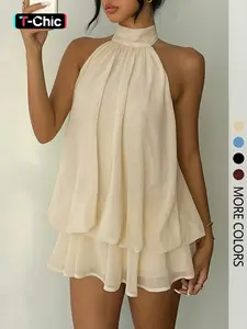 Women's Simple Solid Backless Halter Jumpsuit with Elegant Chic Ruffle Design, Perfect for Casual Wear