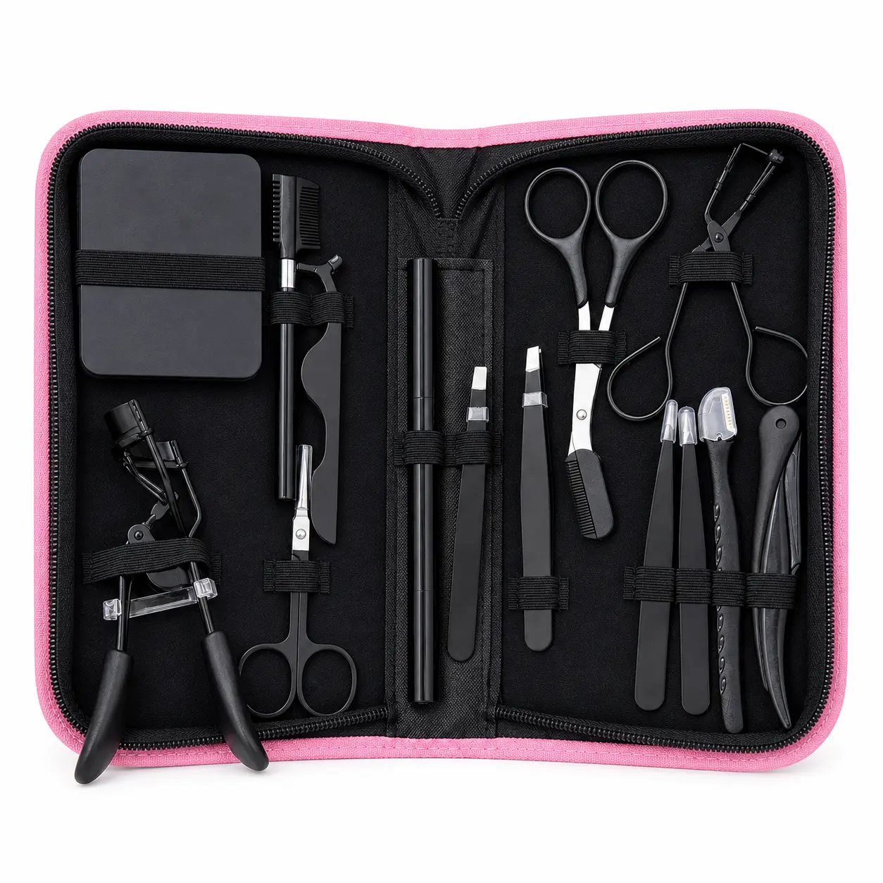 Eyebrow Grooming Kit, 14-Piece Salon-Grade Set with Gentle Stainless Steel Tools, Includes Brush, Tweezers & Zippered Travel Case for Unisex Use, Cosmetic, Wipe, Compact