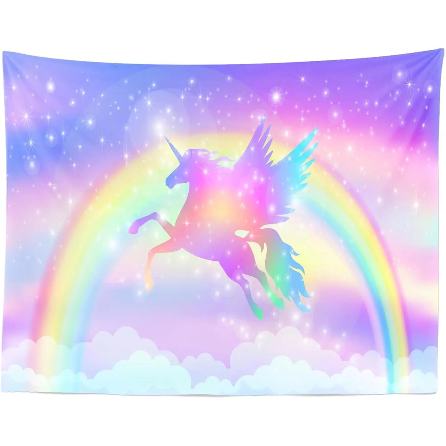 CORFOTO 81x59 in Rainbow Unicorn Tapestry, Fantasy Winged Unicorn Silhouette Stars Design, Whimsical Room Decor for Kids Themed Parties, Living Room & Dorm Spaces
