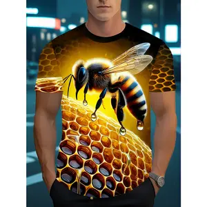 Men'S 3D Printed Polyester T-Shirt – Hyper-Realistic Honey Bee Graphic with Intricate Wing & Honeycomb Detail, Short Sleeve, Durable Fabric, Perfect for Nature Microscopy Enthusiasts, Ideal for Adding Bold Entomology Vibes to Casual Wear, Bee Shirt