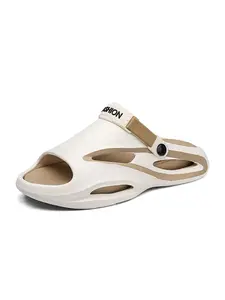 Men's Colorblock Letter Label Hollow Out Design Slides, Casual Comfortable Soft Slippers for Beach, Non-slip Slippers for Indoor & Outdoor Wear