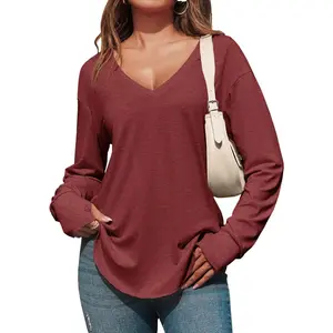 Imily Bela Womens Deep V Neck Tunic Tops Long Sleeve Oversized Casual Loose Fit Curved Hem T Shirts