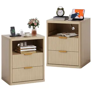 Fluted Bedside Table with 3 Drawers Storage Space Nightstand Set of 2 with Charging Station Metal Handles and Rounded Corners for Safety