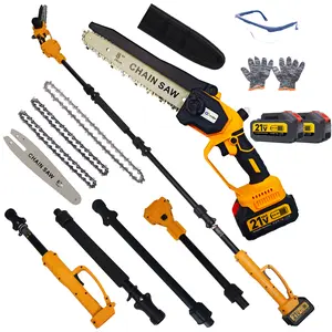 XYSD 2-in-1 Brushless Battery Powered Chainsaw with Extendible Pole, 8in & 6in Cordless Blades, 2x21V 3.0Ah Batteries, Replacement Hoe, Free Tool Kit for Tree Trimming & Wood Cutting
