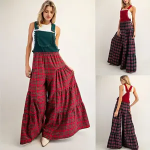 Women’s Christmas checkered overalls/two-tone Christmas plaid coveralls — cute stretch denim jumpsuit for casual and festive styles, ideal for Xmas parties and OOTD