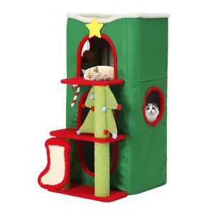 Yitahome Christmas 2/3-Tier Cat House, Indoor Cat Cave Bed Playhouse, Covered Cat Beds & Furniture with Scratch Pad and Hideaway Cave,Christmas Cute Modern Cat Condo Furniture for Multi Small Cats