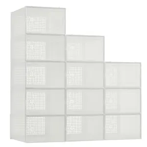 Clear Collapsible Shoe Storage Boxes with Lids - Stackable Plastic Organizer for Closet, Entryway, Sneaker Collection - Transparent Storage Bin - 12PCS