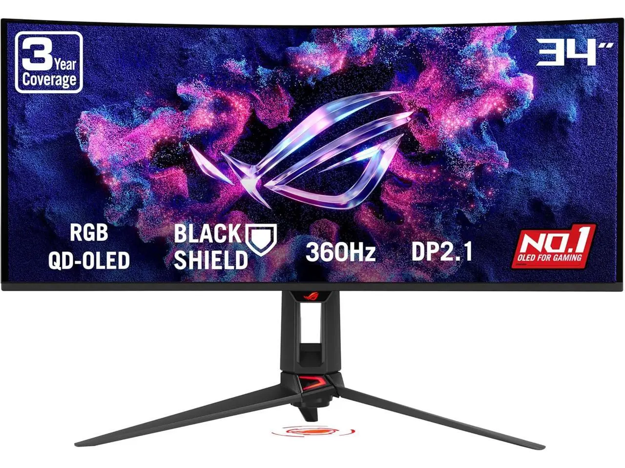 ASUS ROG SWIFT 34 inch QHD 2K 1440P 360Hz AMD FreeSync Premium Pro & G-SYNC Compatible 0.03ms HDR500 AUTO KVM TANDEM ROG BLACK SHIELD USB-C OLED Curved Gaming Computer Monitor with  Height Adjustable, Swivel & Tilt Stand PG34WCDN