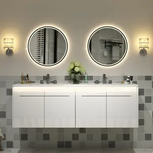 [Ships in 2 Boxes] VanAcc 31/60"Floating Bathroom Vanity with Sink, High Gloss Single Sink Wall Mounted Bathroom Storage Vanity Cabinet with LED Light & Metal Handles, Modern Bathroom Sink Cabinet