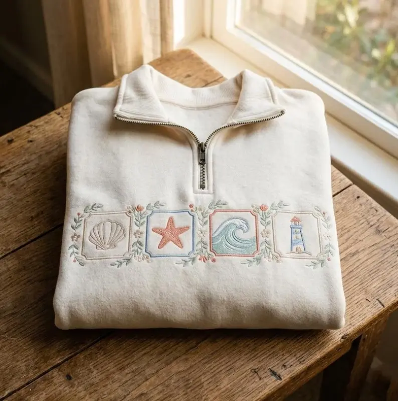 [MADE IN US] Custom Coastal Embroidered Quarter Zip, Beach Aesthetic Starfish Shell Wave Lighthouse Quarter Zip, Summer Vacation Cozy Pullover