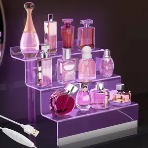 Acrylic Display Organizer with Led Light - 3 Tier Perfume Stand & Display Step Shelves Holder, Cologne Organizer for Men, Figures Stand, Porta Perfumes Para Tocador, Clear Cupcake Riser, Dessert Shelf