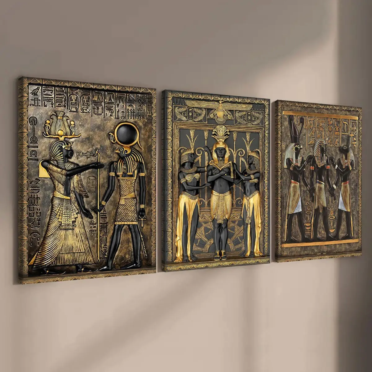 3 Count wooden frame canvas, Pharaoh and Anubis totem art decorative poster, mysterious ancient Egyptian murals, Modern Art Design, exquisite decoration for living room and bedroom, corridor wall art, Home Wall Art, waterproof, art, Artwork