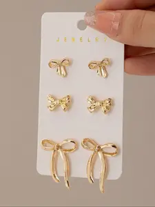 Bow Earrings Set, 3 Pairs Of Stylish Bow Stud Earring Jewelry for Women, Elegant Minimalist Earrings, Fashion Accessories for Every Occasion, Ear Studs