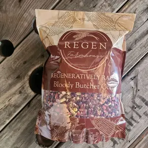 Bloody Butcher Corn, biodegradeabable bags, 5 lbs Regenerative, best cornbread,Bloody Butcher is a historic heirloom corn variety known for its deep red kernels that give it a rustic, yet striking appearance. Cormbread,hominy,tortillas & baked goods.