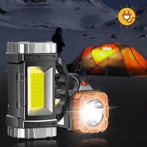 Portable LED flashlight, outdoor multi-functional portable light, solar powered USB rechargeable outdoor flashlight, Led Rechargeable Flashlights, dual light source with COB side light function, for outdoor, camping, repair, emergency lighting.