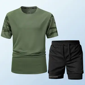 Men’s summer two-piece athletic set featuring a short-sleeve solid-color sports top made from polyester knit fabric—cool, breathable, quick-drying—ideal for everyday gym workouts, running, cycling, fishing, basketball, and home life.