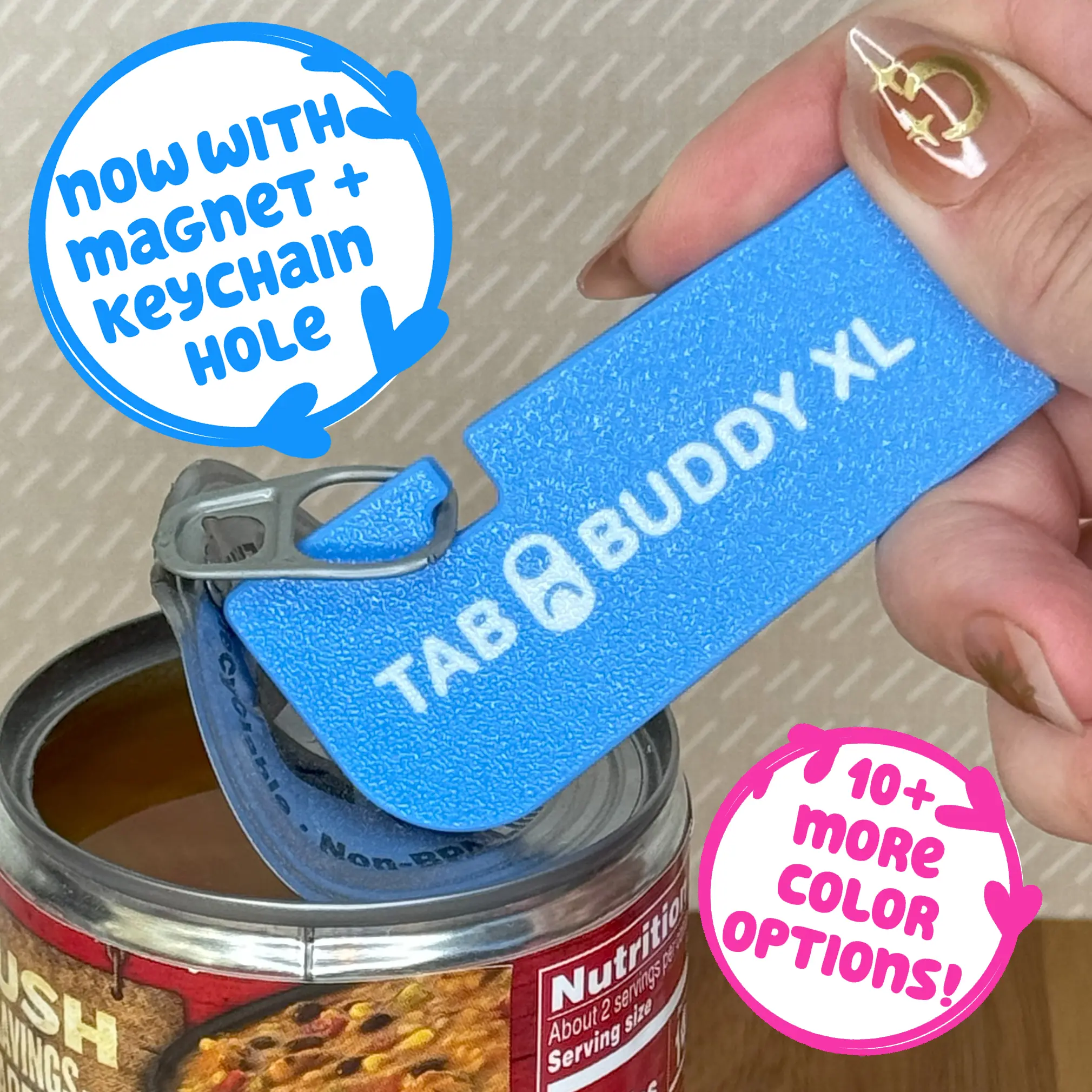 Tab Buddy XL Colors- Food can tab opener help for long nails, sore hands; assistive veggie, soup, cat, dog food magnet tech gadget arthritis Kitchen Lid Utensils  Handy Colorful