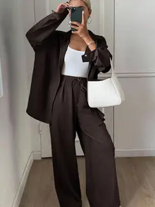 【Plus Size】 Two-Piece Set Solid Button Front Shirt & Drawstring Waist Pants Set, Casual Drop Shoulder Long Sleeve Top & High Waist Trousers for Daily Wear, Women's Two-piece Outfits for Spring & Fall, Womenswear