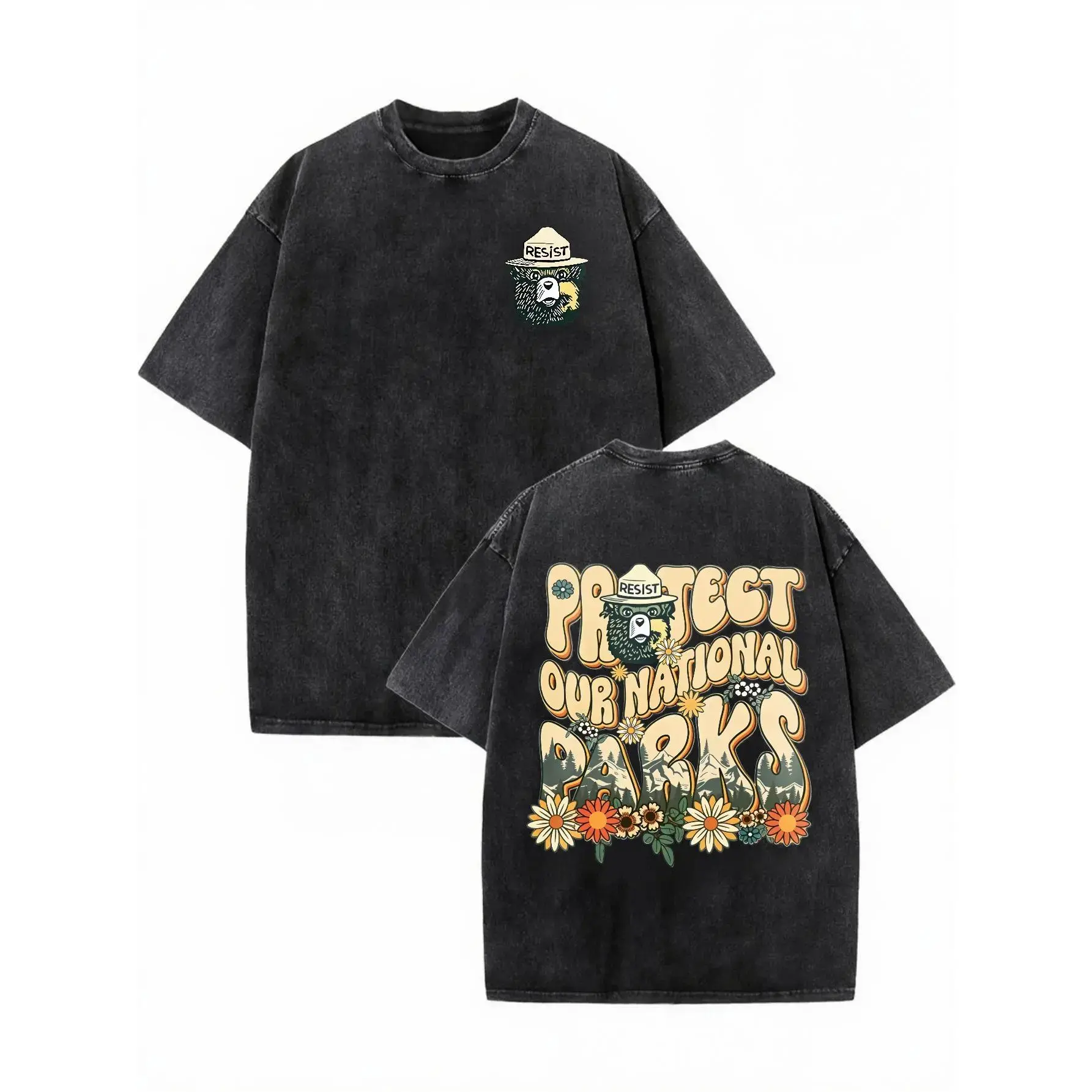 Defend Our National Park Little Bear Graphic Tee Retro Streetwear Oversized Shirt For Men Women High Quality Casual Summer Outfit Gorpcore Aesthetic Trending Clothes Perfect Holiday Gift Beach Top Vintage Washed Heavyweight Cotton T Shirt
