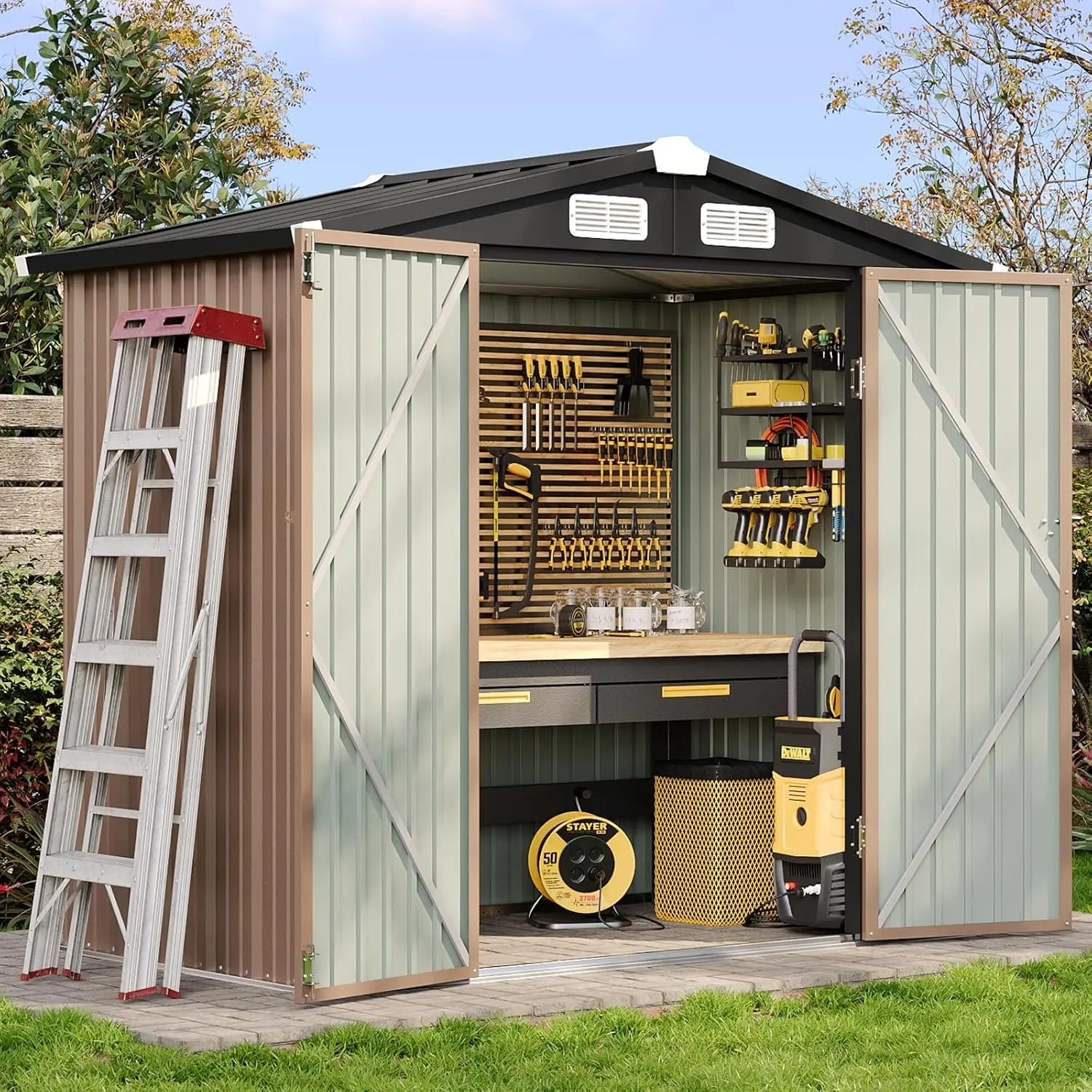 Jolydale 6.2x4 FT Shed Outdoor Storage Shed Metal Garden Shed with Lockable Doors & Slooping Roof Tool Shed Bike Shed for Backyard, Patio, Poolside (Brown),campingessentials,outdoorfurnitureset,campinggear