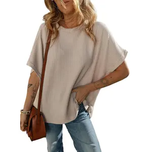 Dokotoo Women's Summer Casual Short Sleeve Solid Color Loose Texture Knit Tunic Tops Blouses with Crew Neck & Side Slits