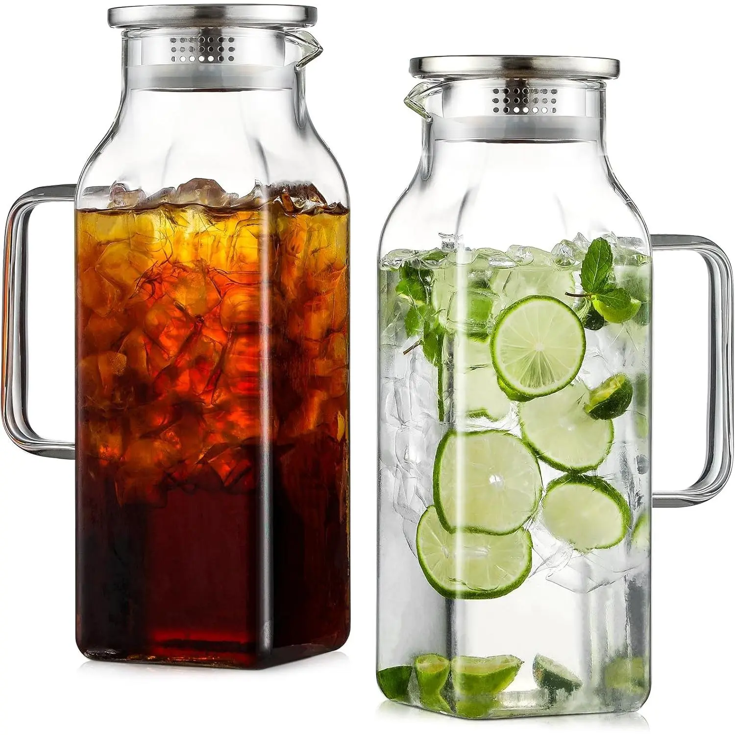 Netany 2-Pack Square Borosilicate Glass Water Jugs - 2L/68oz Heat-Resistant Pitchers with Lids & Handles for Fridge Iced Tea, Hot/Cold Drinks Serving (Sports & Outdoor Leisure Beverage Serveware), Beverage Service, 2‑Pack Value