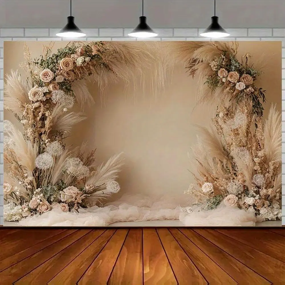 1PC,2D Flat Festival Decoration Door Banner, Romantic Dried Flower Arch Design, Beige Warm Style, Suitable for Weddings, Birthdays, Parties, Etc., Create an Elegant Atmosphere, Enhance Festival, One-Piece, Reusable