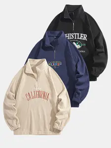 Men's Fall Winter Fleece Mid-High Neck Half-Zip Shoulder Pad Embroidered Relaxed Fit Pullover Sweatshirt Sportswear 3-Pack