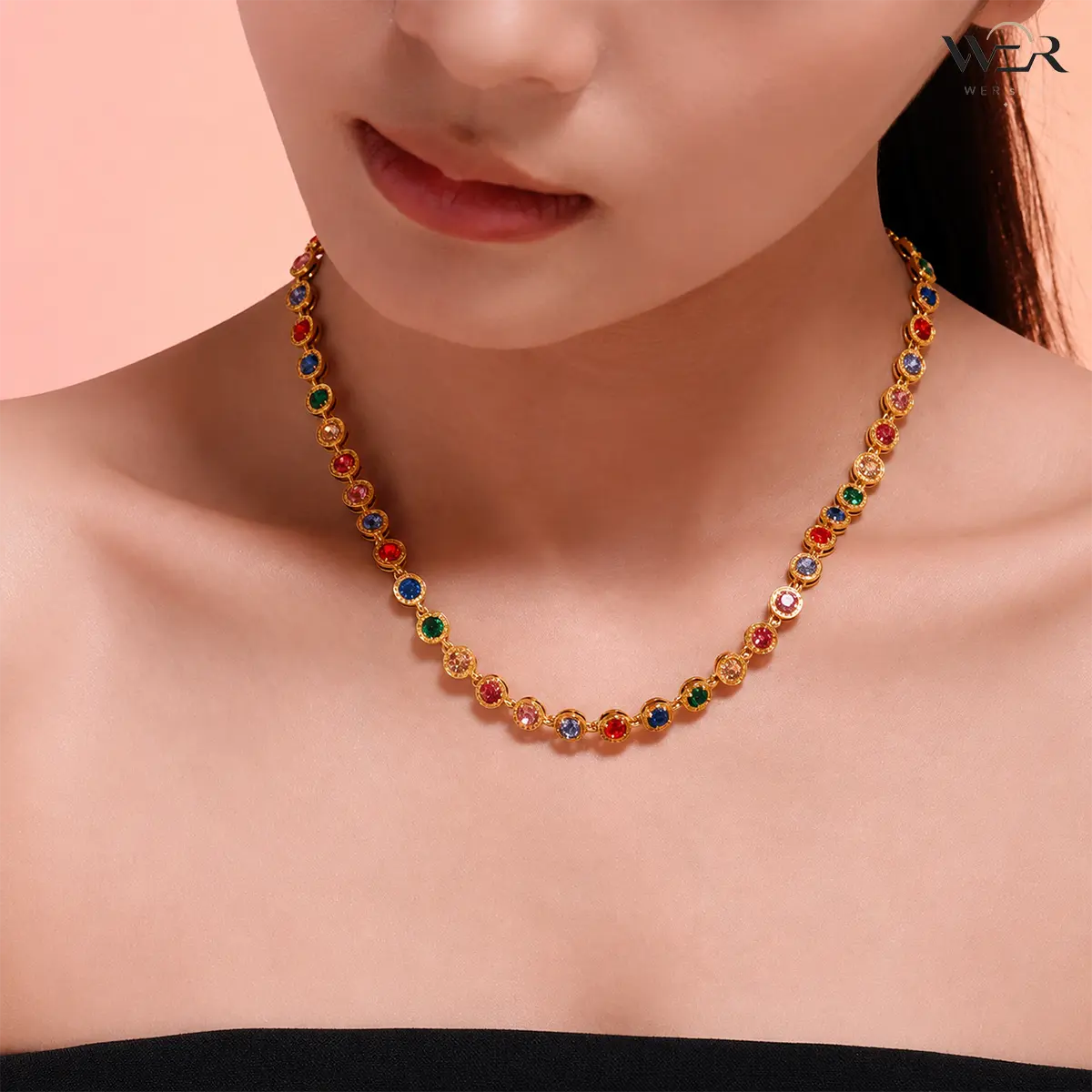 Trendy Jewelry Set for Women, Multi-Color Gemstone Tennis Necklace and Bracelet, Gold Tone Colorful Jewelry Sets with Vibrant Sparkle, Fashionable Jewelry Set, Round