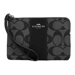 Coach Corner Zip Wristlet 15 Top-Zip Closure Coated Canvas and Recycled Leather Mini Handbag for Women in Black Daily Commuting Purse Travel Essentials