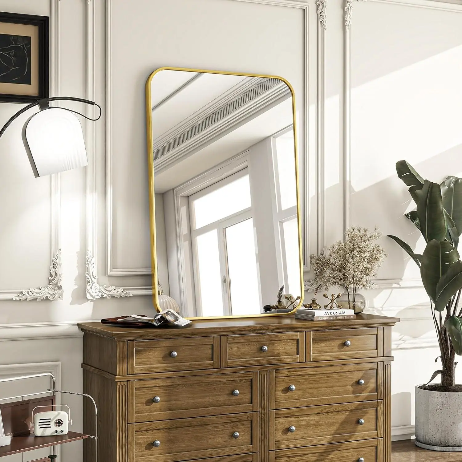 Tabletop or Wall Mount Mirror – Rounded Corner Aluminum Frame Rectangular Mirror, Leans or Hangs, Sizes 20" to 48", for Entryway, Dressing Table, Bathroom