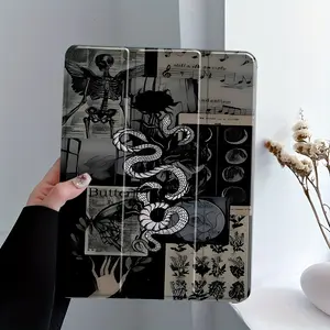 Gothic Skeleton Snake Design iPad Case, Casing, Three-tiered stand iPad case, Transparent Acrylic Hard Back Panel With Pencil Slot, Suitable for All models of ipad Scratch-resistant Protective Case, Shock-resistant Full Cover, Tablet Accessories