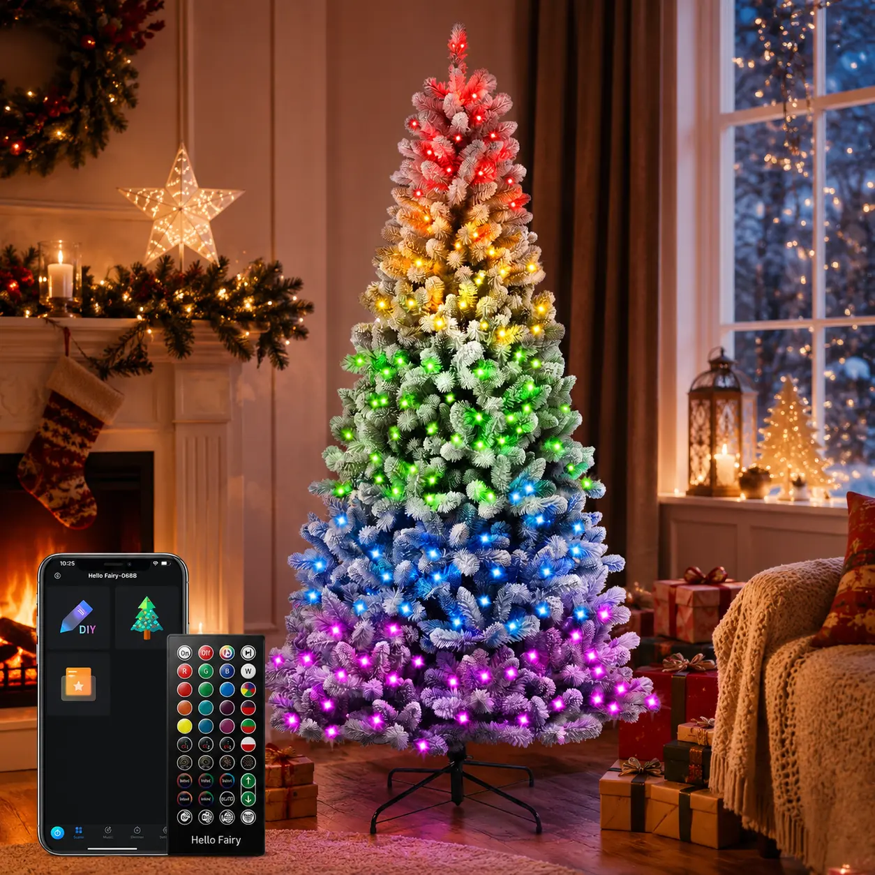 Avatar Controls 6ft Prelit Snow Flocked Artificial Full Christmas Tree with Smart Control, Christmas Tree Pine w/Twinkling 250LEDs 800 Frosted Tips Flocked Frosted with DIY Lighting Modes, Music Snyc, Timer for  Holiday Decoration