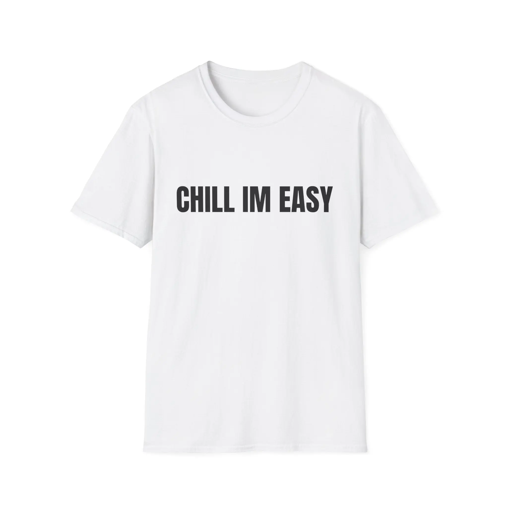 Women's "Chill I'm Easy" Bold Slogan Short Sleeve Round Neck T-Shirt - Low-Iron Relaxed Fit Top for Laid-Back Wear, Short Sleeve Tops, Relaxed Cut, Casual Tee, Simple Print, Classic