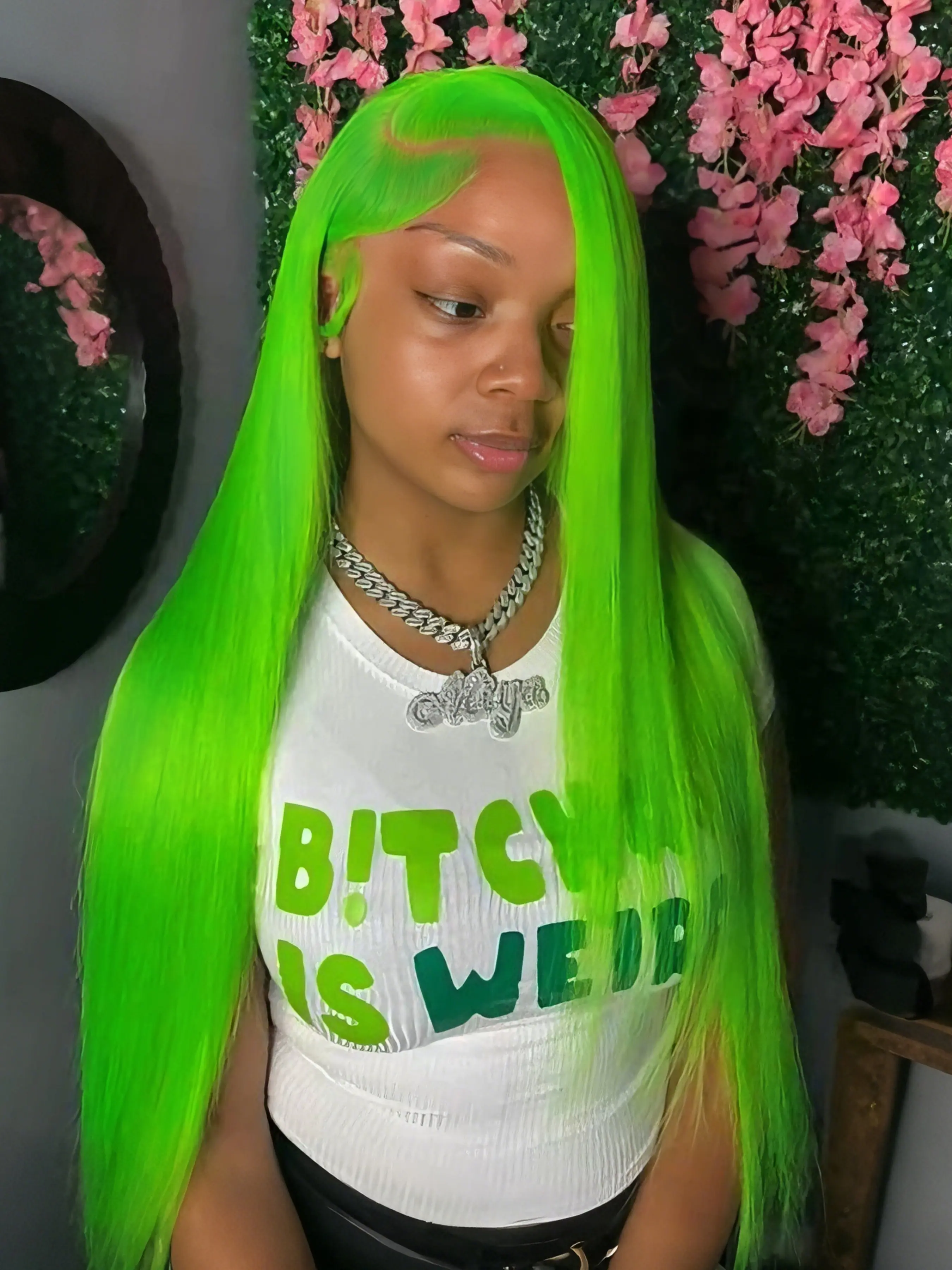 Neon Green Lace Front Wig Bright Green Colored Long Straight Wig Soft HD Transparent Lace Frontal Wig Free PartingPre Plucked Hairline Heat Resistant Synthetic Wig, Synthetic Fiber Wig, Synthetic Lace Wigs, Music Festival Look Straight Wig for Cosplay