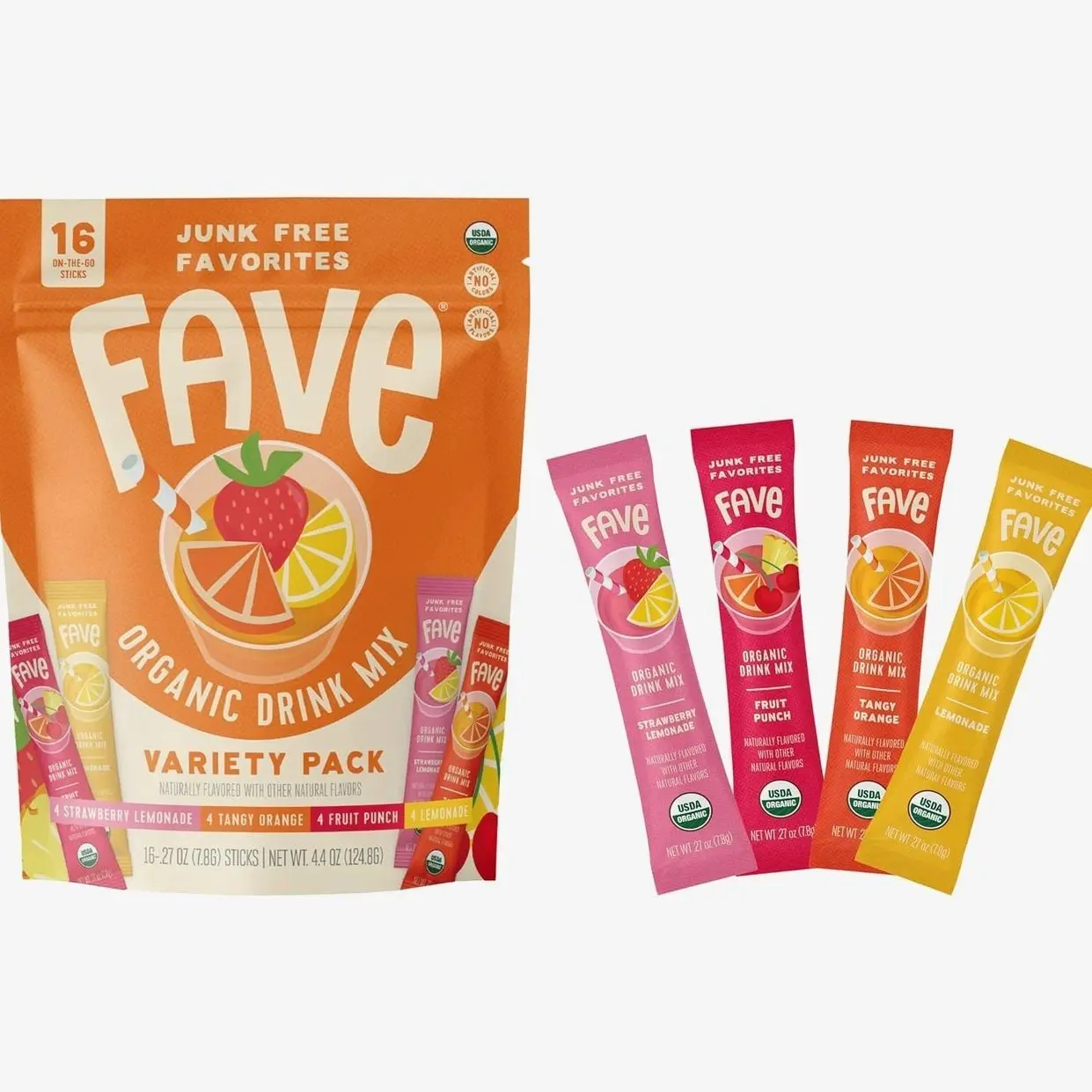 FAVE USDA Organic Drink Mix Variety Pack, 16 Stick Pouch | Lemonade, Strawberry Lemonade, Fruit Punch & Tangy Orange | No Artificial Colors or Flavors, Non-GMO
