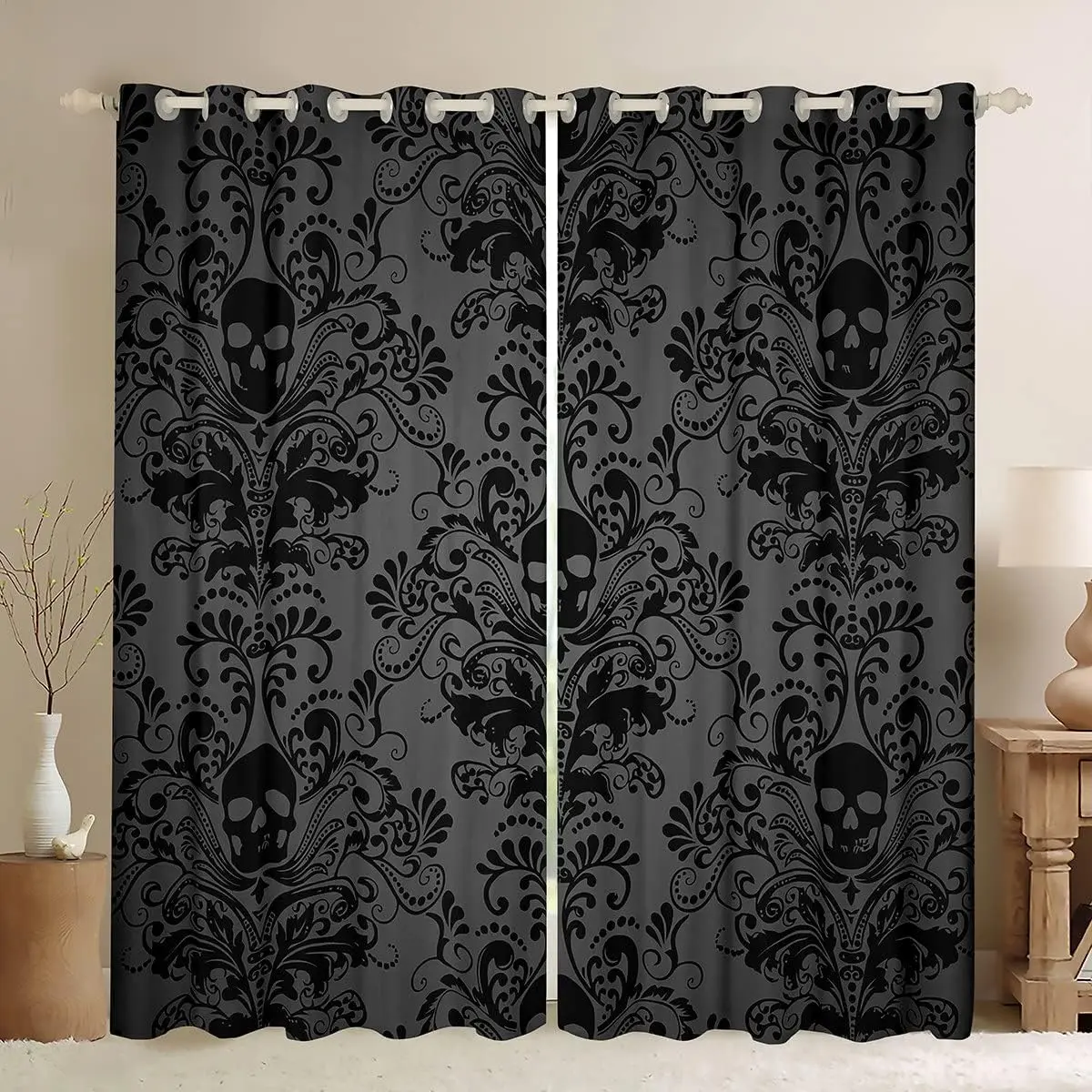 Feelyou Velvet Black Damask Privacy Grommet Curtains - 2 Panels, 30%-50% Partial Blackout, Antique Victorian Baroque Floral Print, Multi-Size, Grommet Slide Ease, Gentle Wash Cycle, Exotic Sugar Skull Window Drapes for Modern Living Room Decor