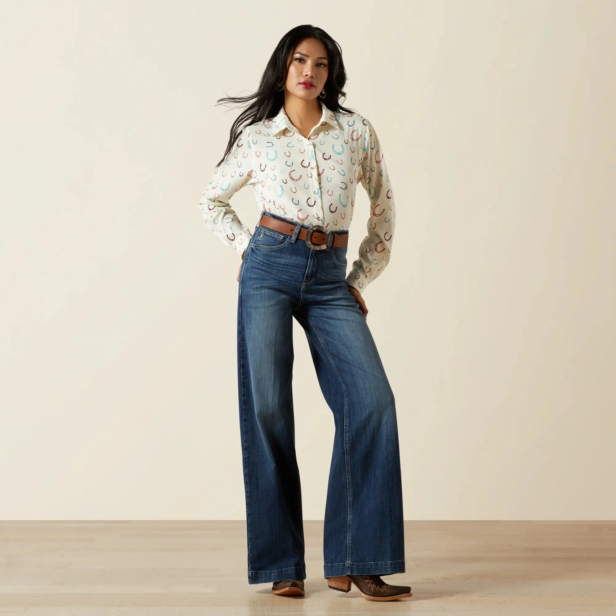 Ariat Lady's High-Rise Wide Leg Fitted Jeans - Women's Fashion Natalia Wash Stretch Denim, Contoured Waistband, Elastane Bottoms Pants, Cotton, 9.75Oz, 2% Lycra