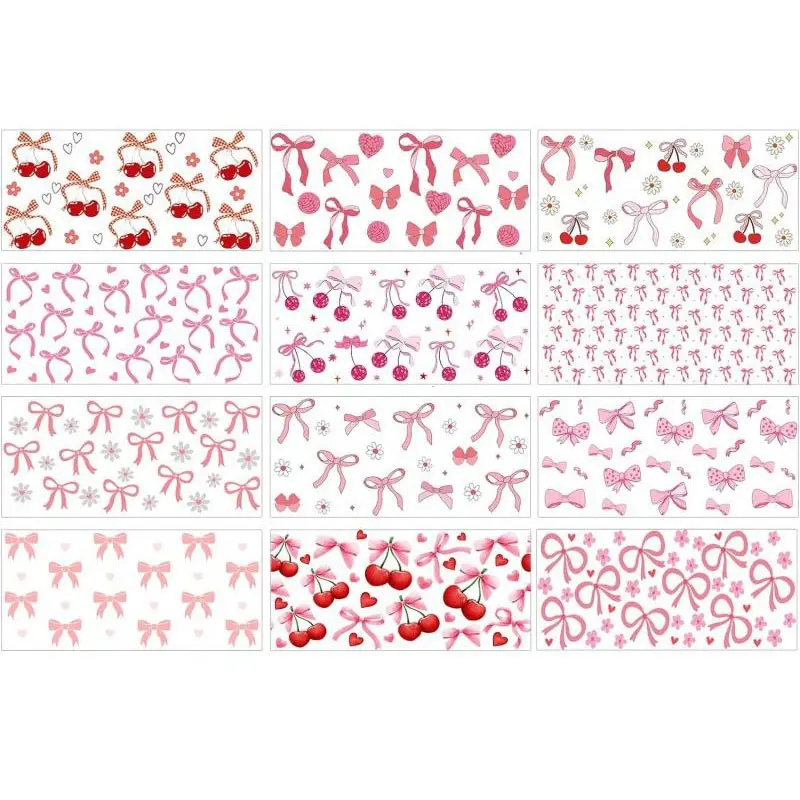 Glenmal 12 Sheets Coquette UV DTF Cup Wrap Stickers Pink Bow UV DTF Cup Wraps Transfer Stickers Crafts Cup Stickers for DIY Craft Decorations for 16 oz Glass Water Bottle(Classic) Stickers Cropped Decorative Sticker