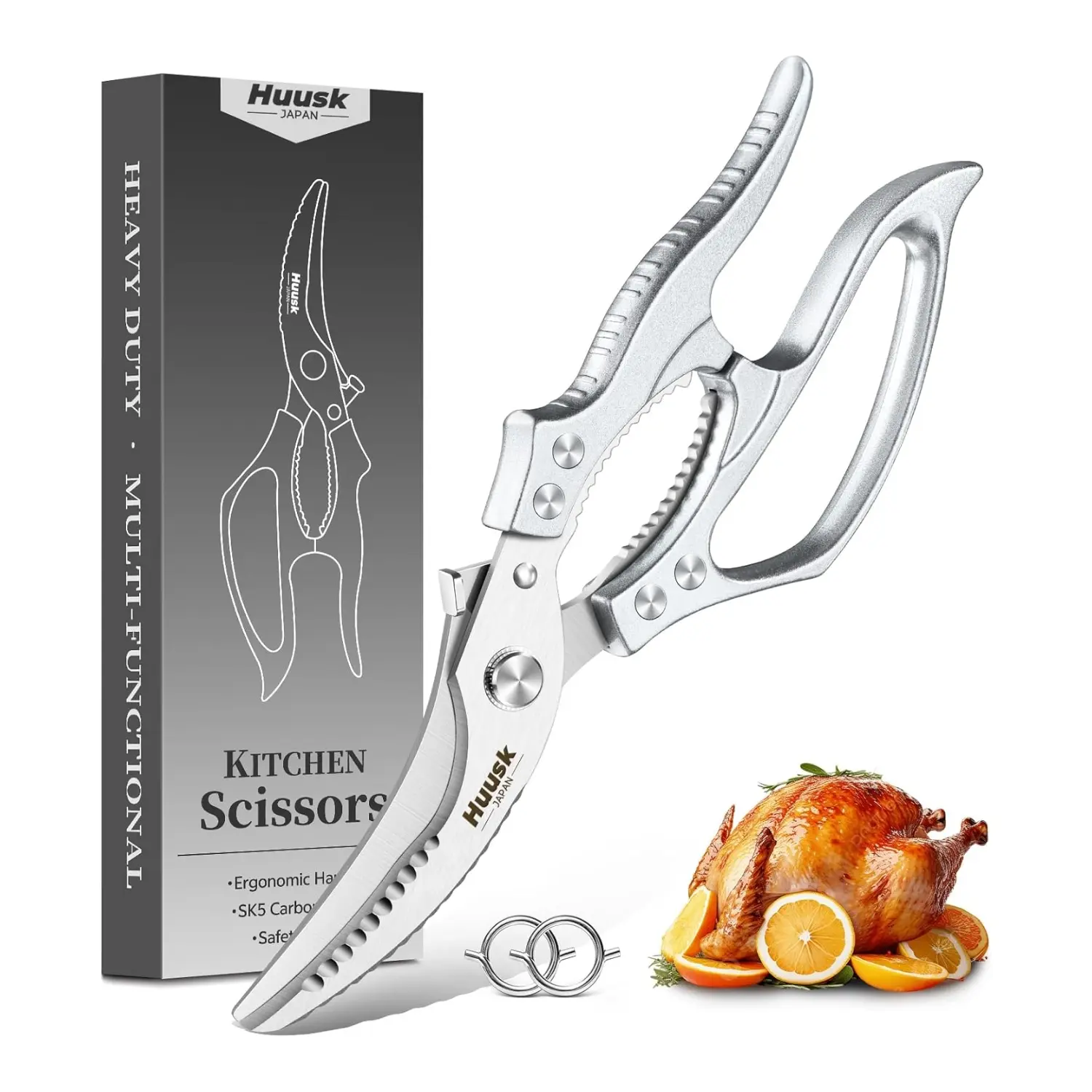 Huusk Poultry Shears Heavy Duty – All Purpose Japanese Kitchen Scissors for Chicken, Meat, Fish, Vegetables & Pizza with Ergonomic Non-Slip Black Handle, Gifts for Women Men