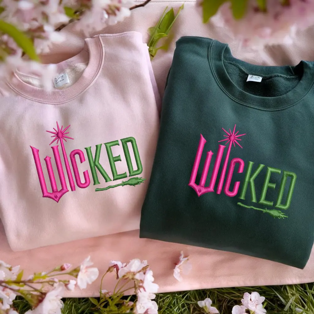Witch Embroidery Sweatshirt, Wicked Machine Embroidery, Pink Green Witch Embroidery Pattern, Wicked Embroidery Sweatshirt