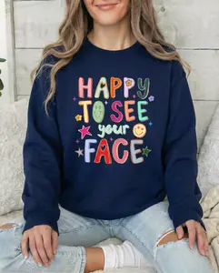 Printed Design – Not Textured Happy To See Your Face Teacher Shirt, Hand Drawn Colorful Doodle Stars Messy Teacher Shirt, Teacher Shirt, 1st Day Of School Teacher, Trendy Teacher Back To School Shirt, Gift For Teacher