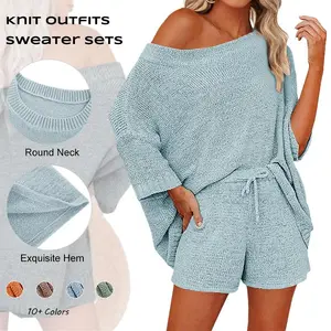 【New】Imily bela Women's 2 Piece Outfits Sweater Sets Off Shoulder Knit Top Shorts Matching Suits Cute Pajama Lounge Set