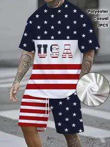 Men's Short Sleeve Track Shorts Set, American Flag Print Design, Polyester Knit Fabric, Quick-Dry Breathable, Spring Summer Sportswear