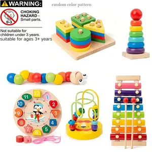 Wooden Montessori Toy, 1 Set Colorful Tower & Octave Bell & Colorful Twister & Rotating Tree & Beaded Clock, Multi Activity Playset, Birthday Gift