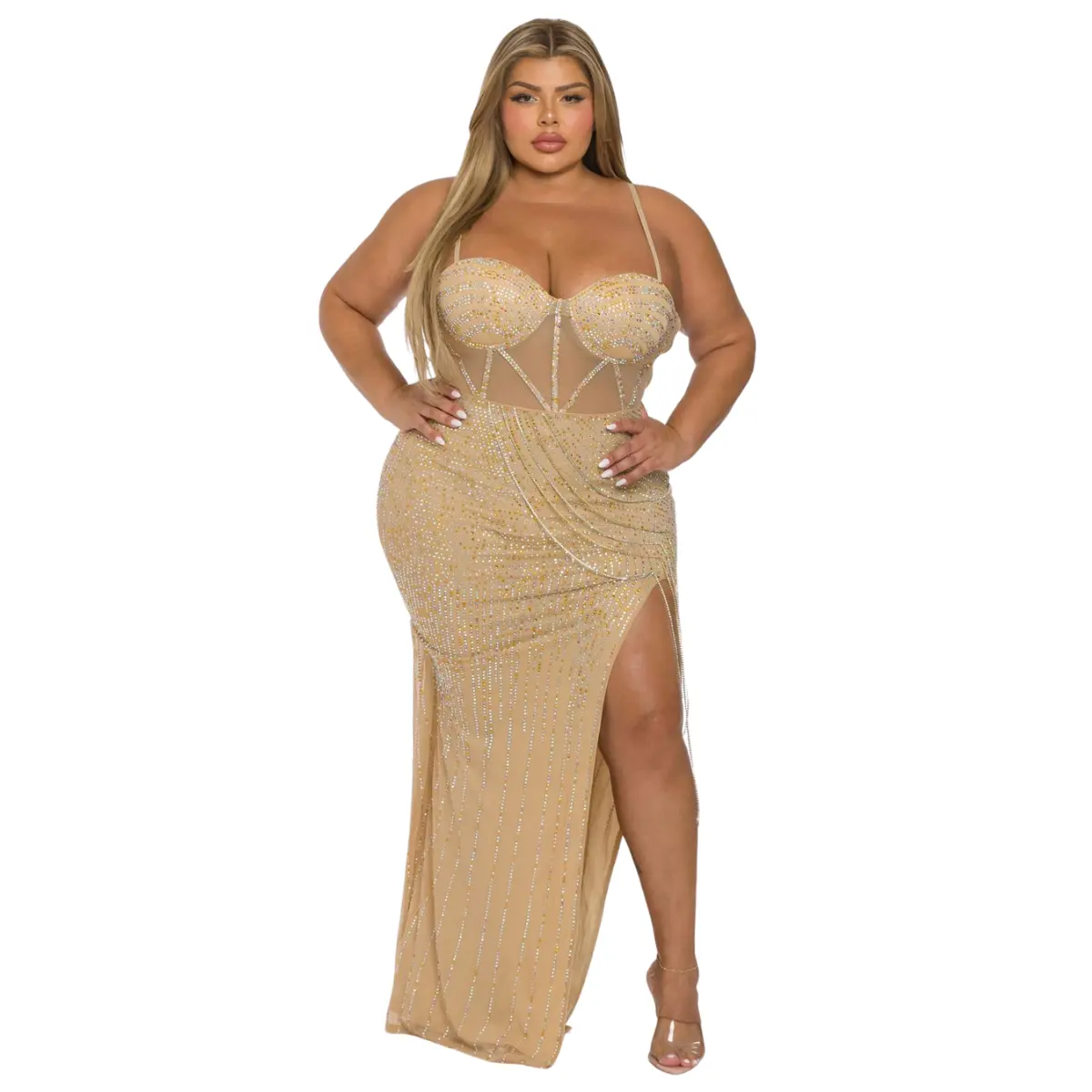 Plus Size Gold Rhinestone Corset Maxi Dress - Mesh Illusion Slit Gown for Formal Events & Red Carpet Moments Elegant Womenswear