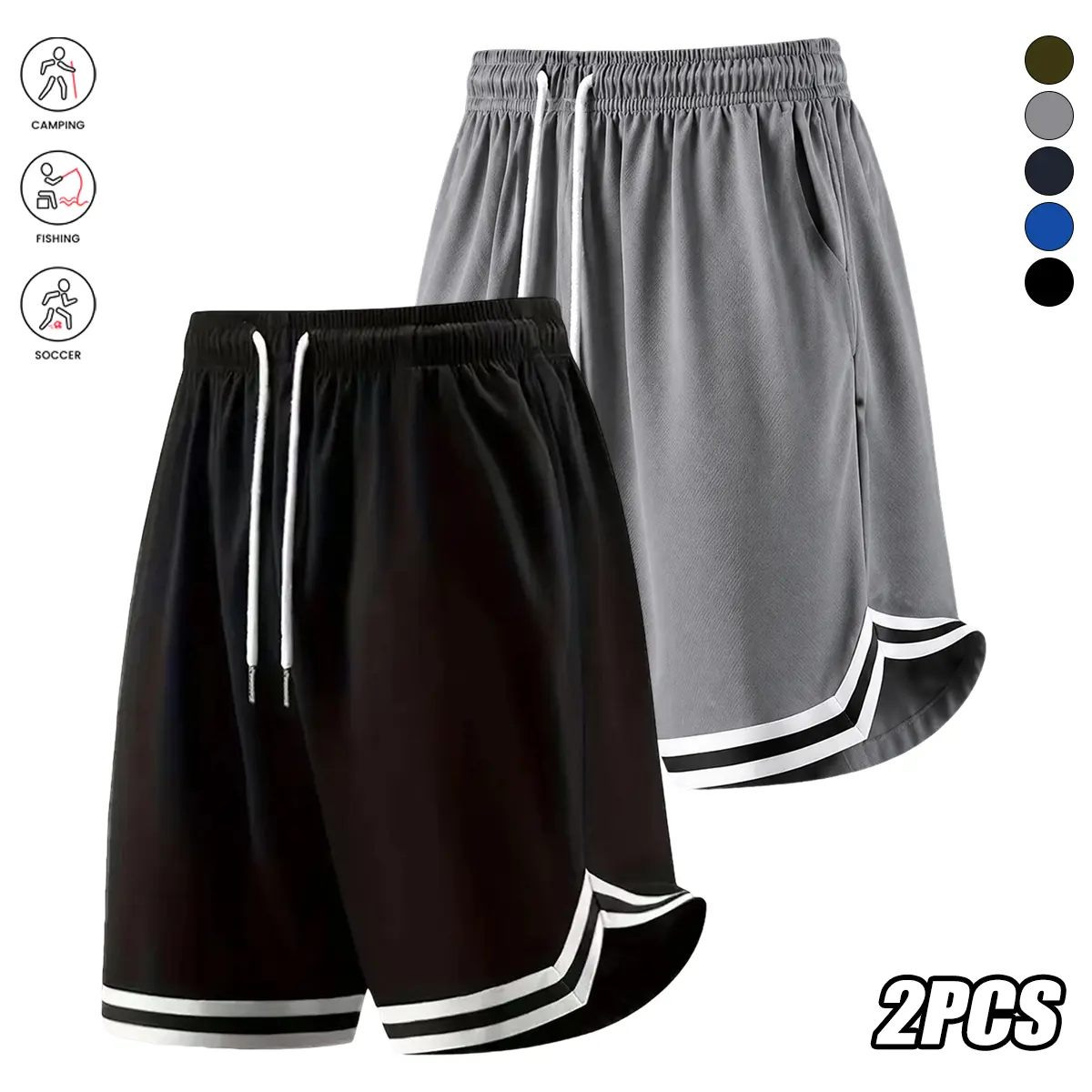 Men’s Polyester Sporty Shorts, 2-Pack Athletic Casual Drawstring Shorts, Comfortable Breathable, Suitable for Everyday Wear, Sports Fitness, Male